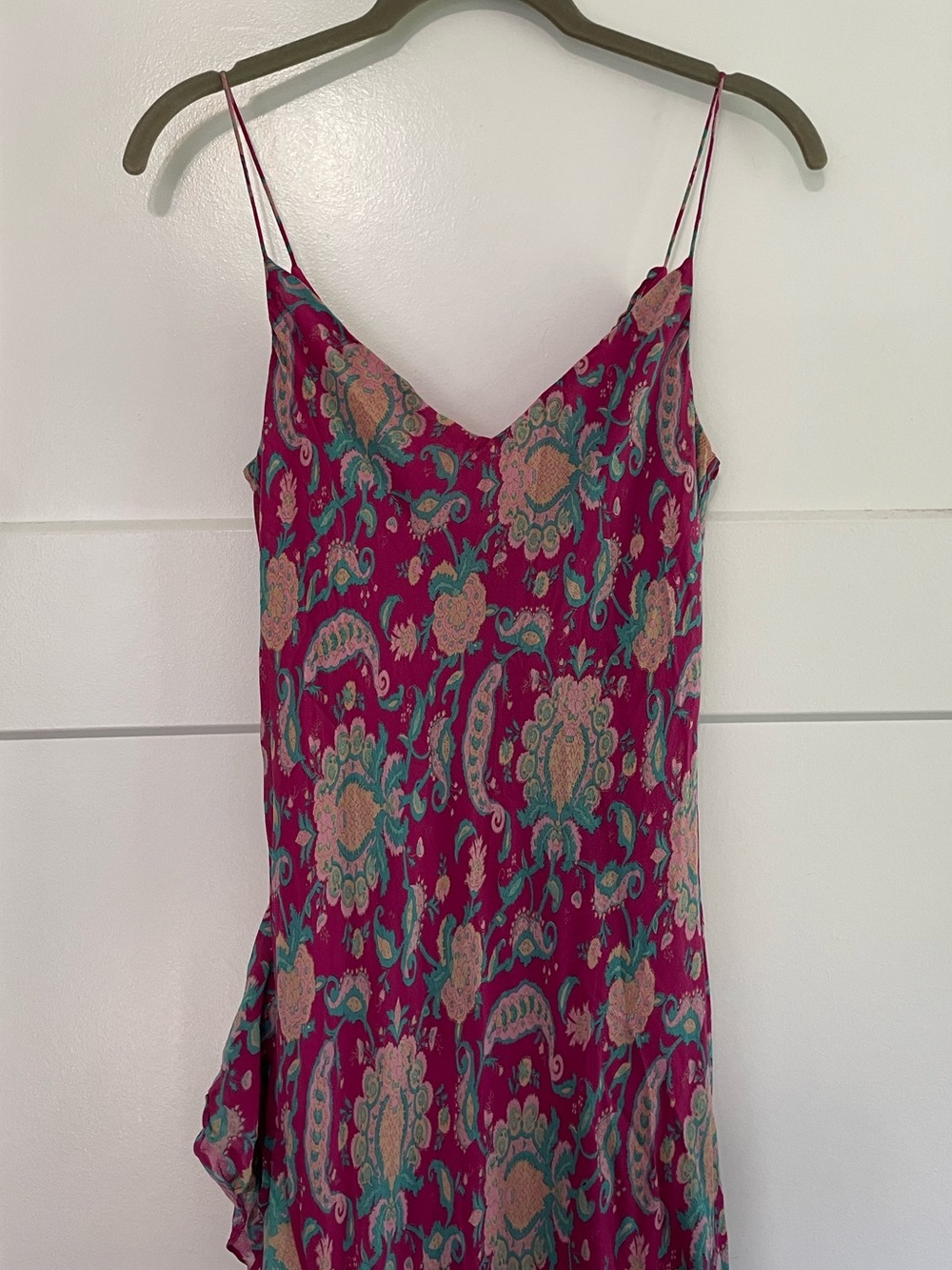 Y2K Ralph Lauren Paisley Silk Chiffon Ruffle Midi Dress Spaghetti Strap - Picture 3 of 12
